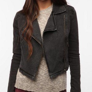 UO Silence + Noise Black Denim Moto Jacket, Faded Black / Grey, Size M